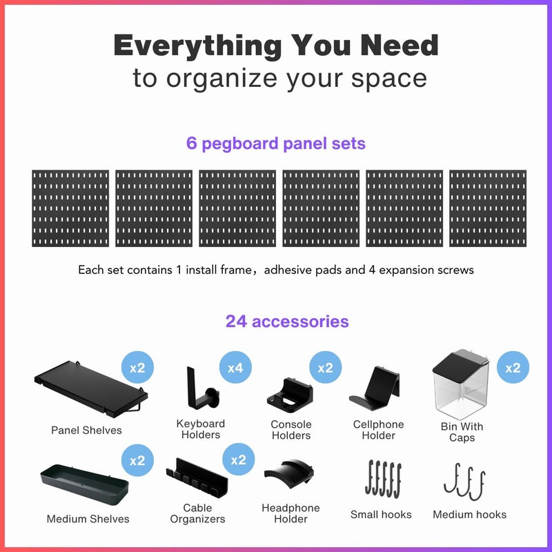 KEEPO Pegboard Combination Kit, Pegboards and Accessories Modular Hanging for Gaming Setup, Gaming Station Peg Board, Gaming Organizer, Wall Game Controller Holder, Headset Stand (Black, 33″×22″) - Image 3
